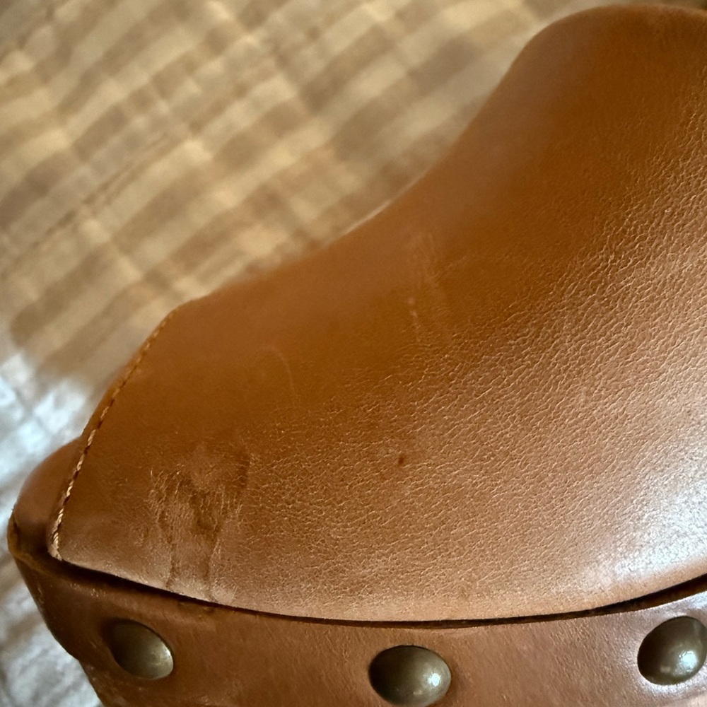 Five Worlds Tan Leather Platform Clogs with Studs and Ankle Strap - Picture 7 of 7